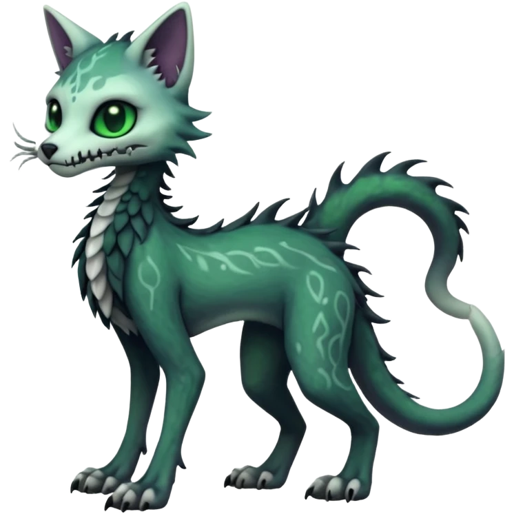 Scaley Kawaii spectral spooky dark bleak blackish swampy white-skeletal gloomy ghostly dark greyish dark-deep-greenish foggy eldritch beautiful realistic edgy fantasy ghoul-like stitched feline-vernid-sergal-fursona animal creature with a tufted tail full body with intricate markings  emoji
