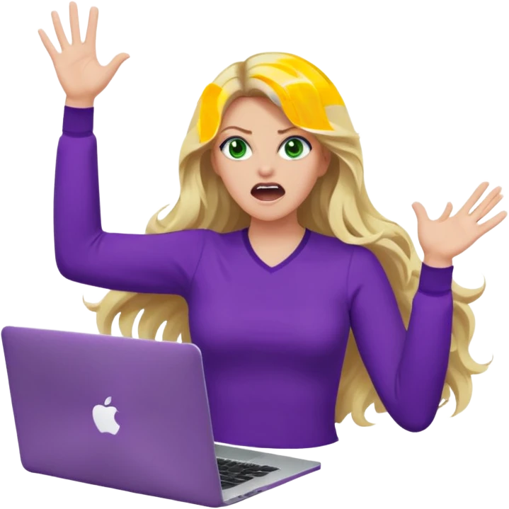 lady with long wavy blonde hair, purple top, green eyes, throwing her with a purple mac laptop hands in the air screaming, looking angry emoji