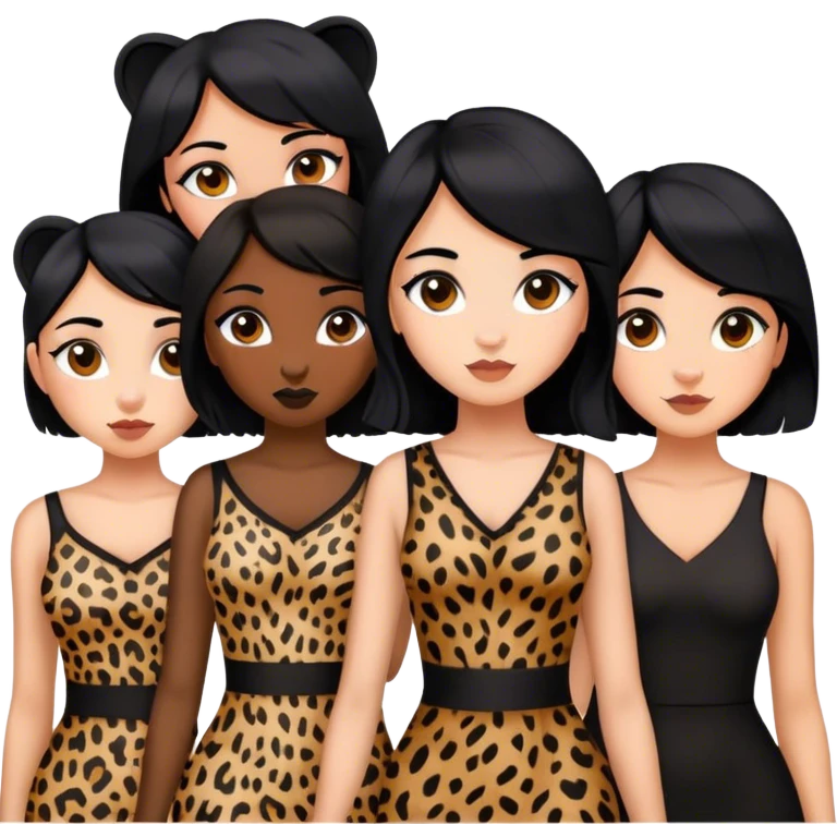 5 girls with black hair wearing cheetah print or black dress emoji