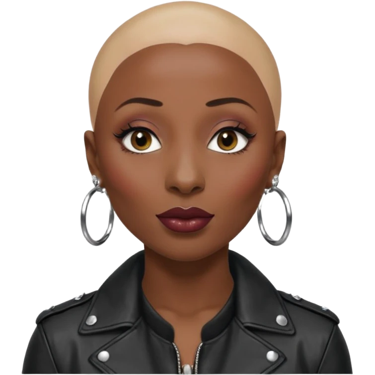 Grown black (proud) woman, bald with a perfect head, a prominent nose with a septum piercing, many piercings on her ears, a gap between her front teeth and very long nails (cynthia erivo) a proud lesbian, with long lashes and glam makeup emoji