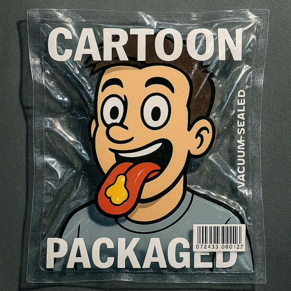 Add much more mustard all over his face, keep the vacuum sealed style and transparent background. emoji