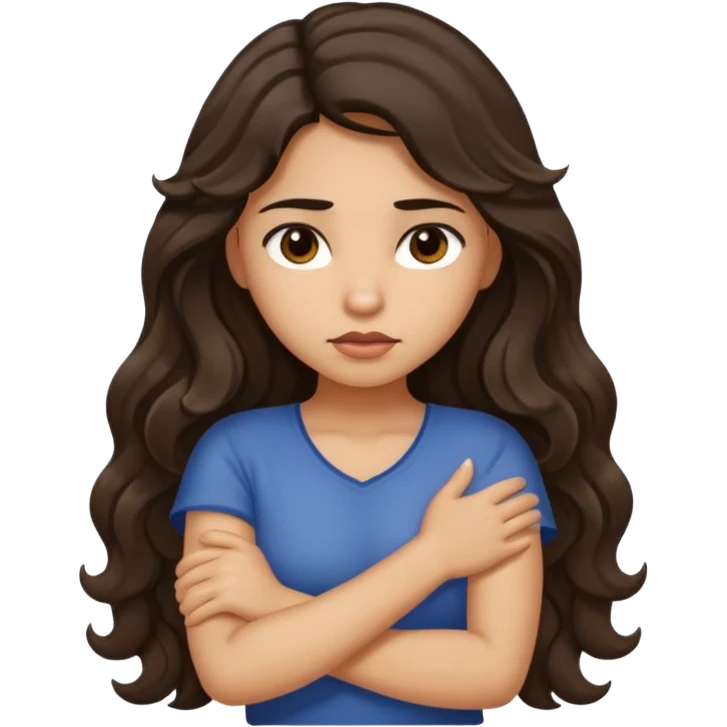 Hispanic light tan girl with long dark wavy hair crossing her arms under arm pit and slightly pouting emoji