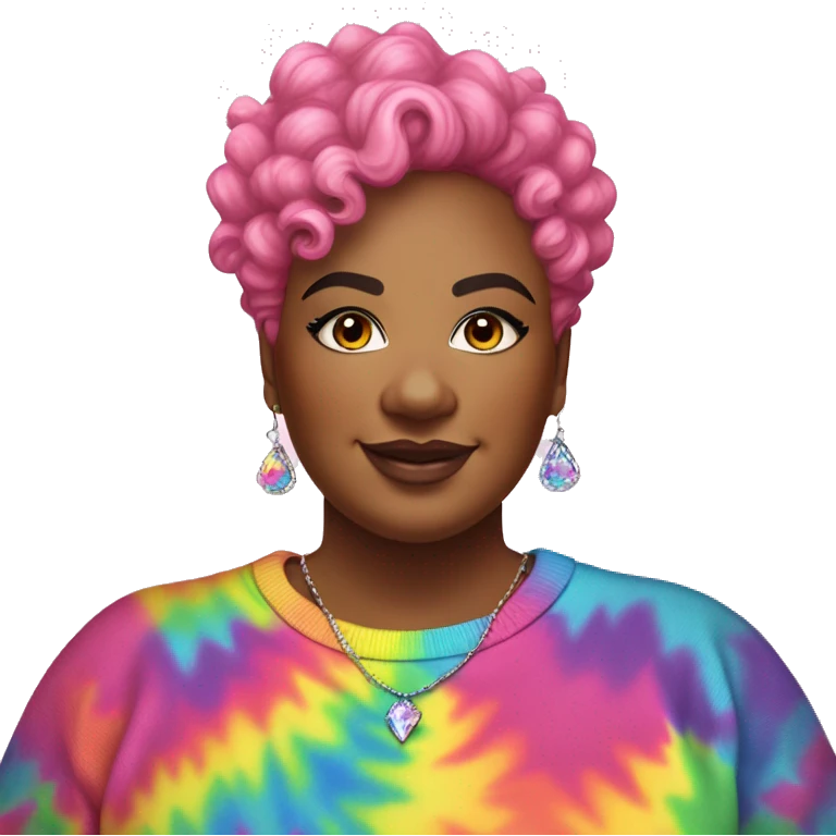 Plus size black woman with pink curly pixie cut hair and a rainbow tie dye sweater , and diamond stud earrings  emoji