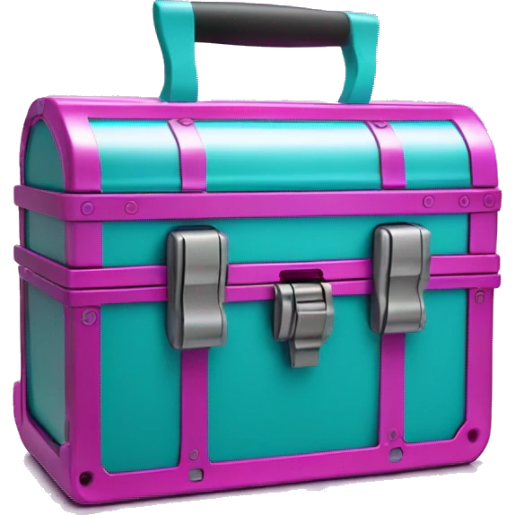 Realistic metallic hot pink and turquoise tool box with top open and purple tools inside of it isolated.  emoji