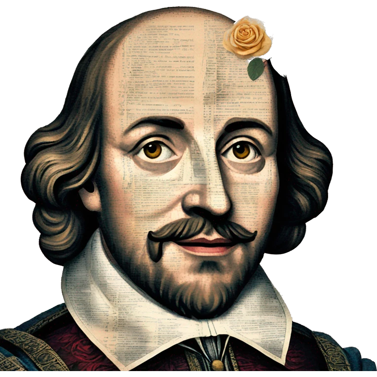 Shakespeare made of newspaper cuttings wearing flowers, roses flowers emoji
