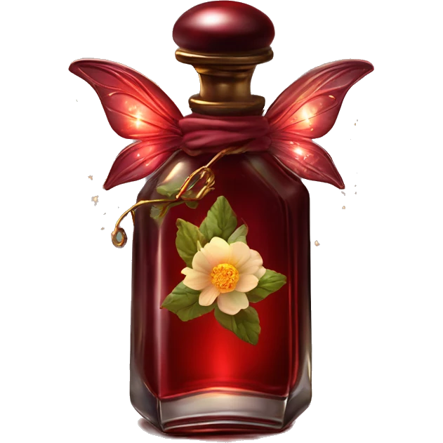 Dark red magic fairy light sparkling old Antique oil perfume bottle with herbal and flowers emoji