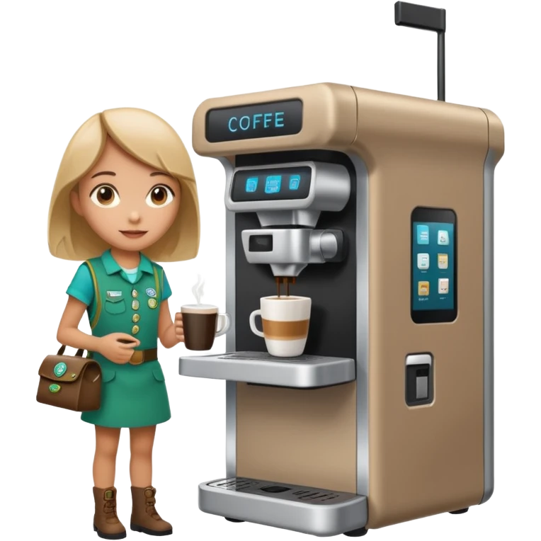Girl Scouts selling coffee at her stand by the side of the road with their own robotic looking coffee machine  emoji