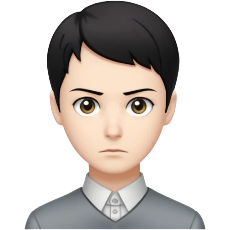 short black neat hair, sharp dull gray eyes, pale skin, serious expression, upright posture, minimal accessories, sharp and precise style. Levi Ackerman  emoji
