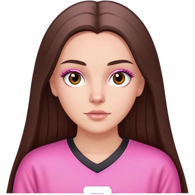 a white girl with long brunette shiny straight hair brown eyes and long eyelashes wearing a oversized pink jersey emoji