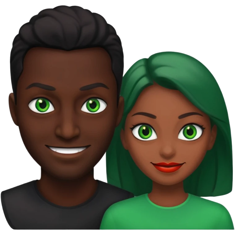 two evil persons (male and female) with devilish smile and black face and green eyes emoji