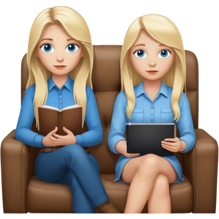 A cinematically realistic blonde with long hair and blue eyes is sitting on an armchair with a notebook in her hands, a girl is sitting opposite. emoji