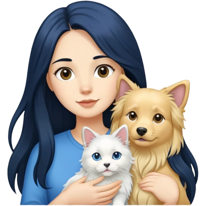 Woman with long black hair holding a blue and white long-haired cat and a golden retriever dog emoji
