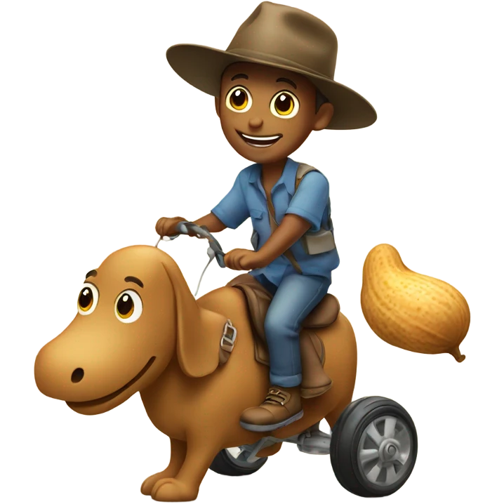 smiling boy in hat riding on a walking peanut emoji