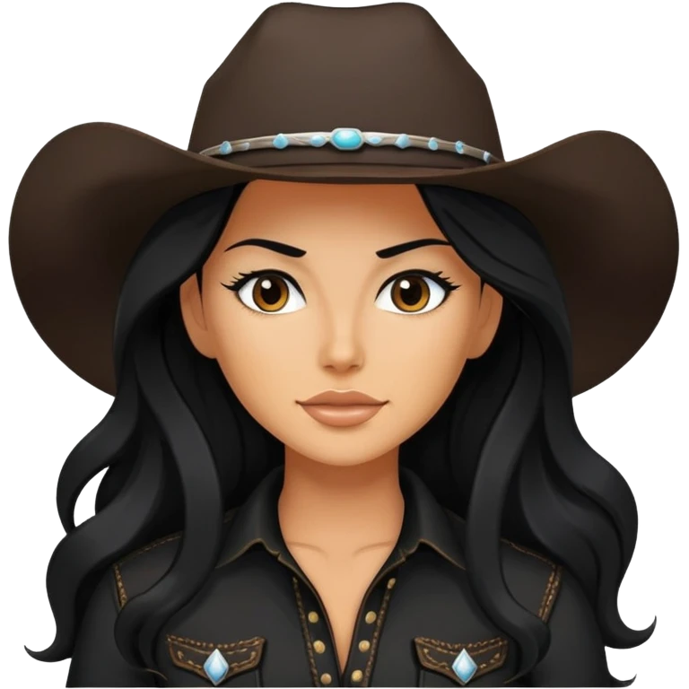 hot tanned woman with long black hair cowgirl style wearing black outfit emoji