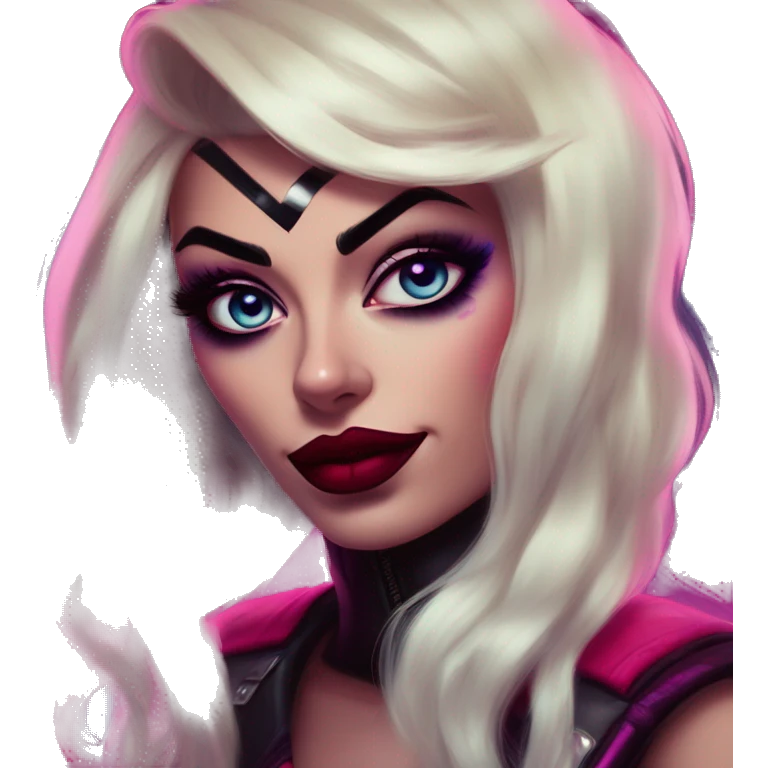 Synthwave Jasmine in Harley Quinn style, oil paint, mysterious eyes, intricate lips, masterpiece portrait, odd perspective, beautiful, desirable, logical emoji