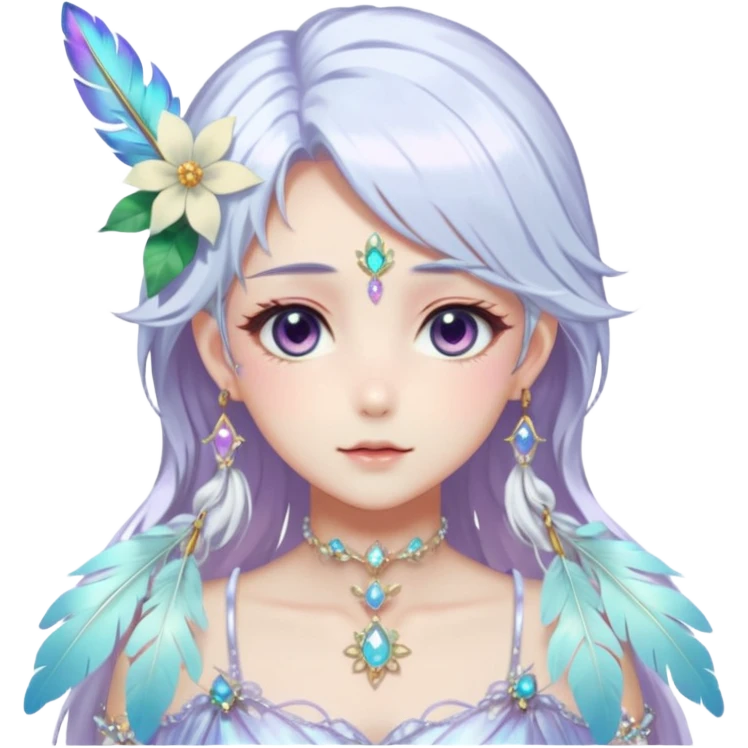 Beautiful gorgeous anime lady with beautiful iridescent-white-special-hair, fashion aesthetic, ethereal, fairycore, pastelcore, feather, flower, gems, accessories, jewelries, gold, colorful emoji