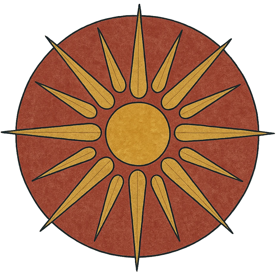 Macedonian sun emblem, classic ancient style, intricate rays, gold on red, with a sense of history emoji