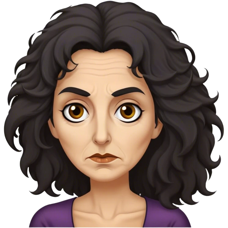 Mirri Maz Duur is a weathered, age 50 woman with deep-set dark eyes, high cheekbones, and a sharp nose, giving her a stern, knowing expression. Her long, unkempt dark frizzy hair  falls loosely over her shoulders emoji