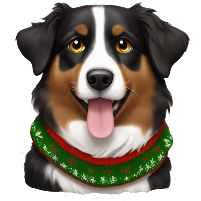 Black and brown Australian shepherd with Christmas sweater emoji