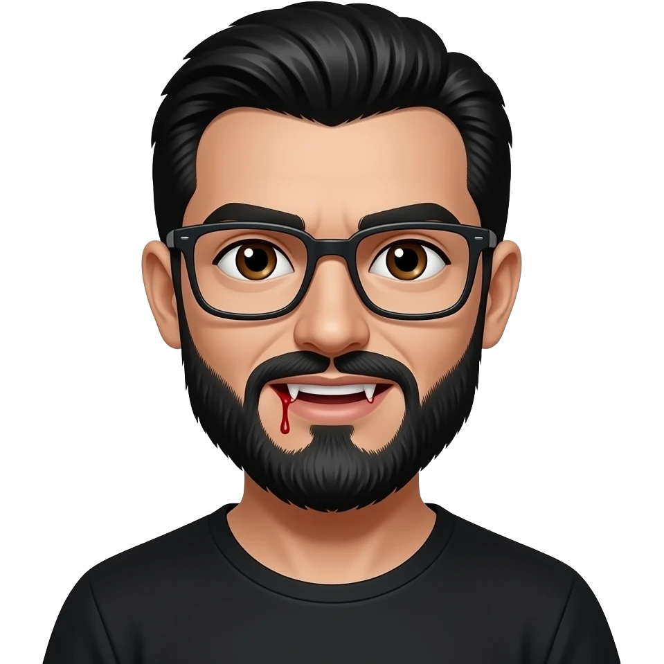 black slick back hair, tan skin, black beard, with square glasses, brown eyes, black tee shirt,  dracula teeth with blood emoji