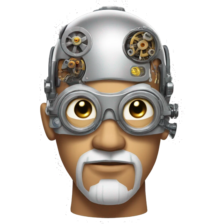 Tan bald male Latino cyborg head with grey beard, silver steampunk monocle goggles and circuits emoji