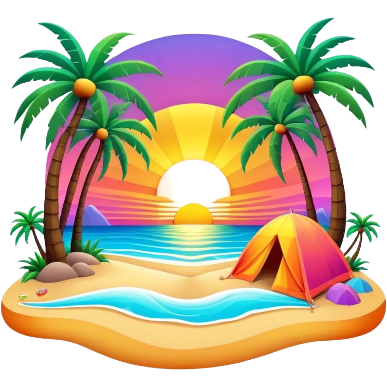 3D, psychedelic colored hippie style beach with setting sun and palm trees emoji