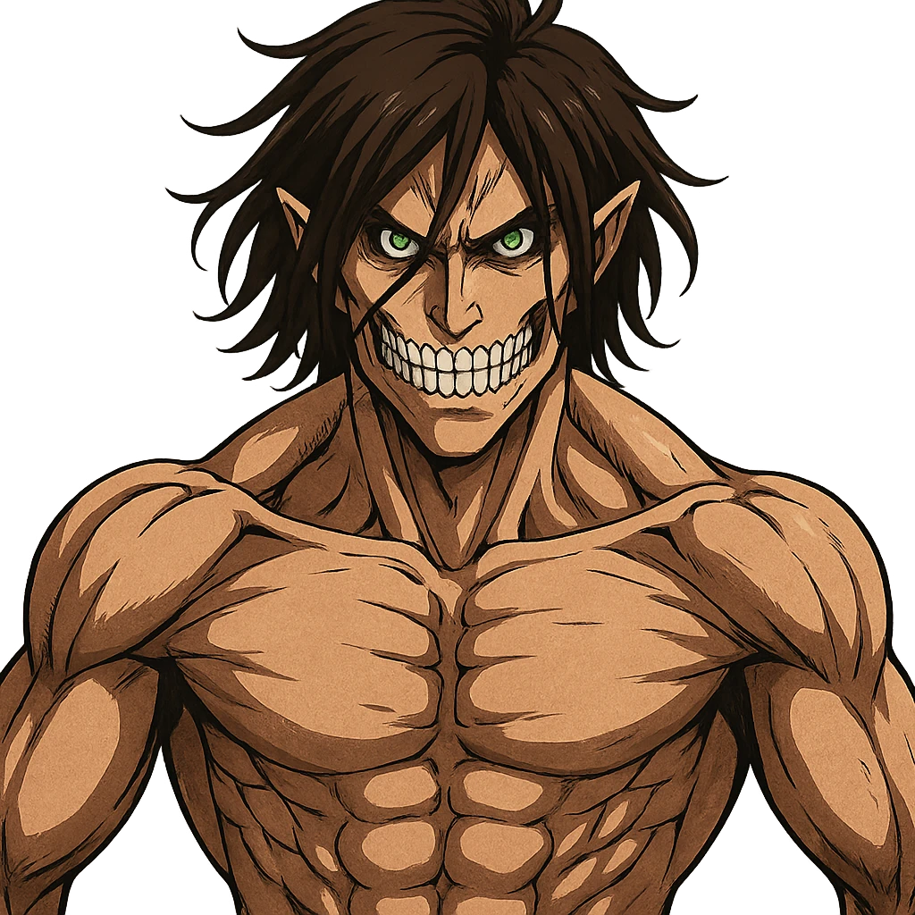 Eren Jaeger in Titan form, muscular, intense expression, wild hair, anime style emoji