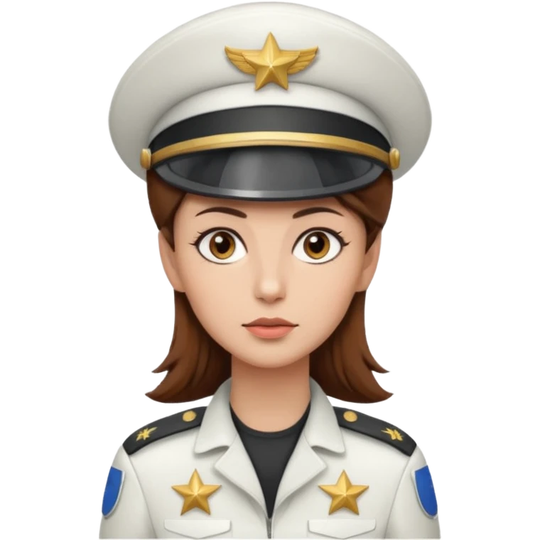 woman with brown hair and brown eyes.  space ship captain with white military hat emoji