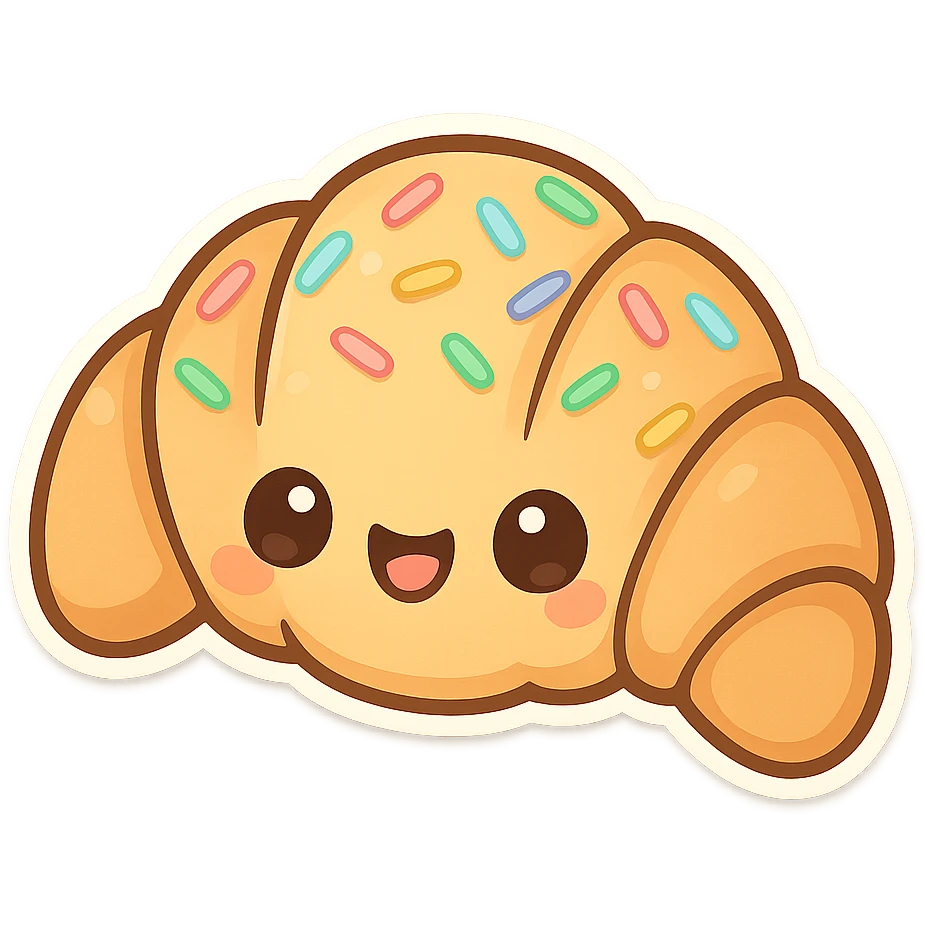 chibi sticker-style croissant with sprinkles, cute and exaggerated emoji