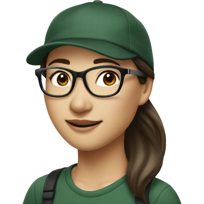 Hyper realistic, look from side, asian adult woman, light white skin, smiling with teeth, black eyes, spotted frame glasses, long brown straight hair with highlighted strands, black T-shirt, dark green cap. emoji