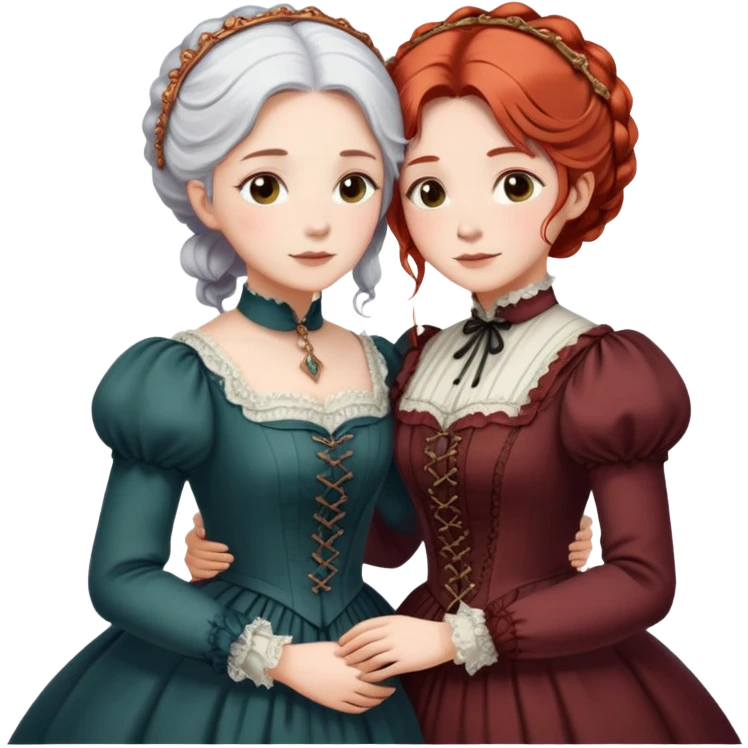 Two modest Victorian women hugging, one with white hair and one with copper red hair, wearing long Victorian dresses emoji