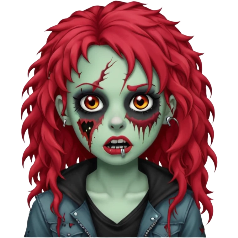 zombie girl red hair cacheado longo, com piercings na boca, nariz e sobrancelha,  roupa emo emoji