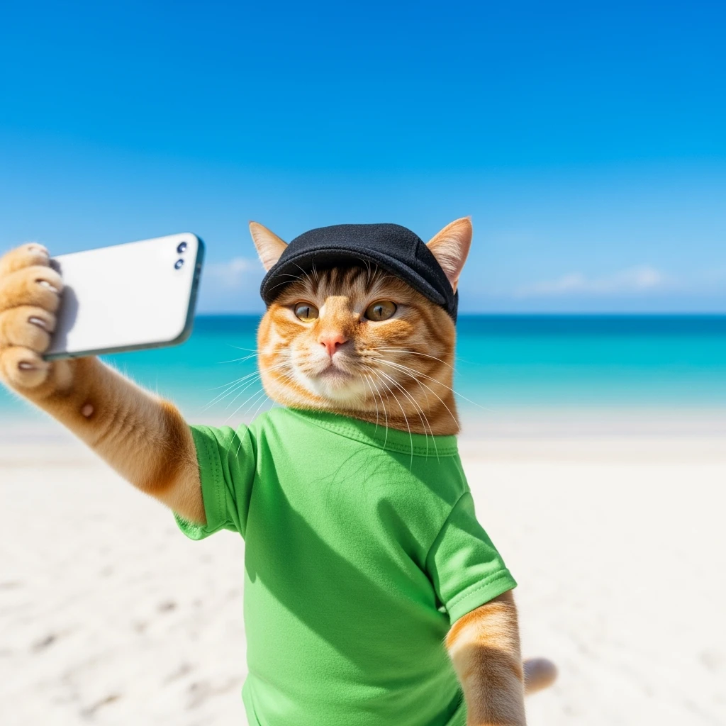 Orange tabby cat in a t-shirt and cap taking selfies against the background of beach and blue sea, shot with an 85 mm f/11 lens, ISO 100, 8K RAW, no blur emoji