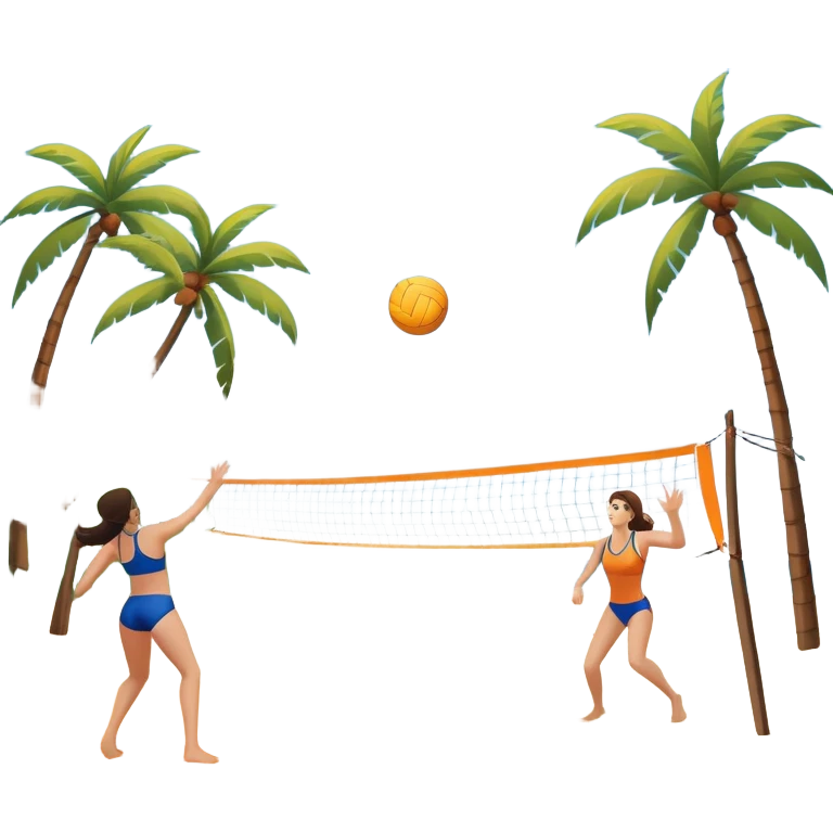 A volleyball resting on the orange sand of a beach, with a volleyball net in the background. The scene includes a beautiful beach landscape with blue sea, sky, and palm trees, while a couple of women in swimsuits play in the distance, capturing the relaxed yet competitive vibe of beach volleyball. emoji