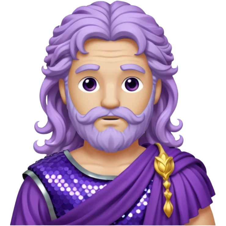 Zeus from Roman Deities with long lilac wavy hair, purple sequin toga emoji