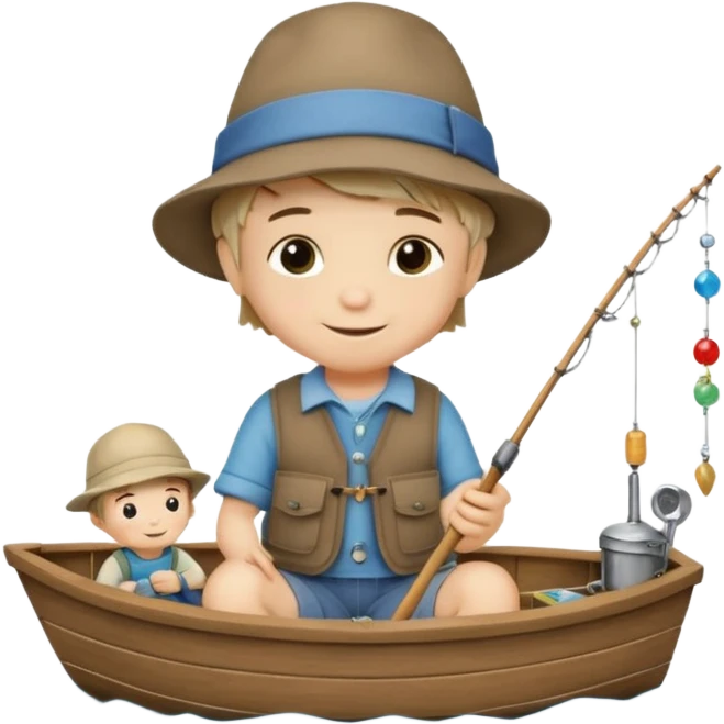 Little boy on a little boat fishing, felt texture, scrapbooking, precious moments style character emoji