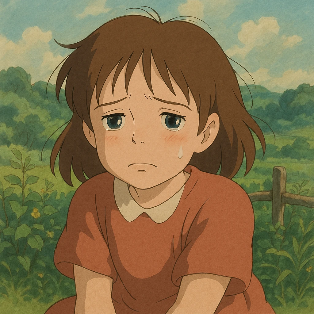 sad girl, soft colors, expressive face, ghibli style emoji