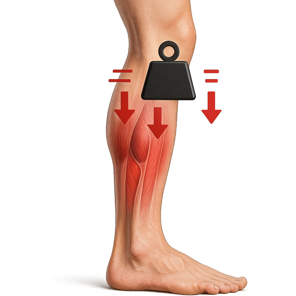 realistic human leg with visible overload indicated by weight or pressure symbols, contracted muscles, red area, 3D effect, isolated on white background emoji