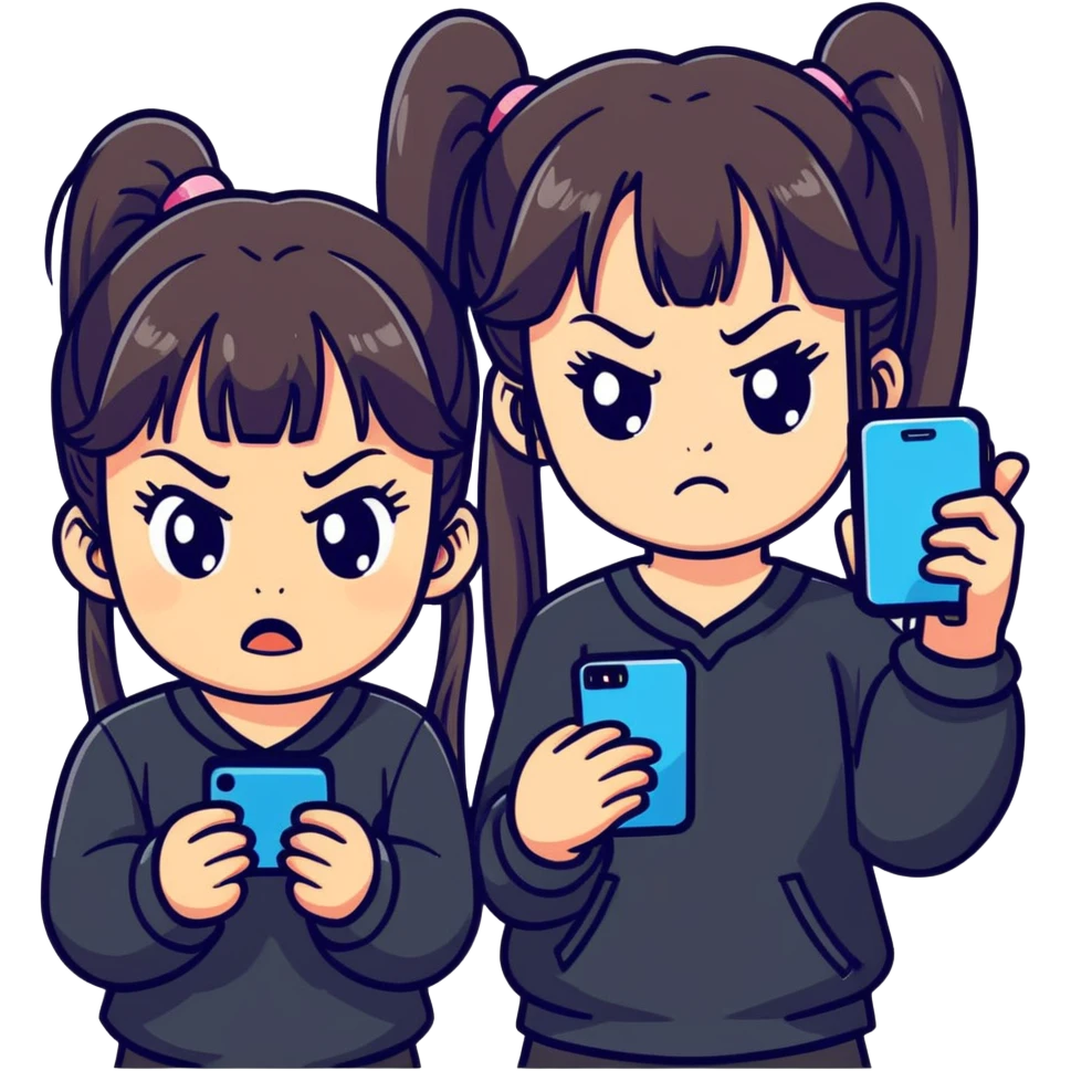 minimal, bold, expressive emoji-style of cute girl with long twin ponytails and straight bangs, dark clothes, angry face with furrowed brows and puffed cheeks, holding phone tightly, floating phone screen showing two smiling characters, making her jealous, simple pink background emoji