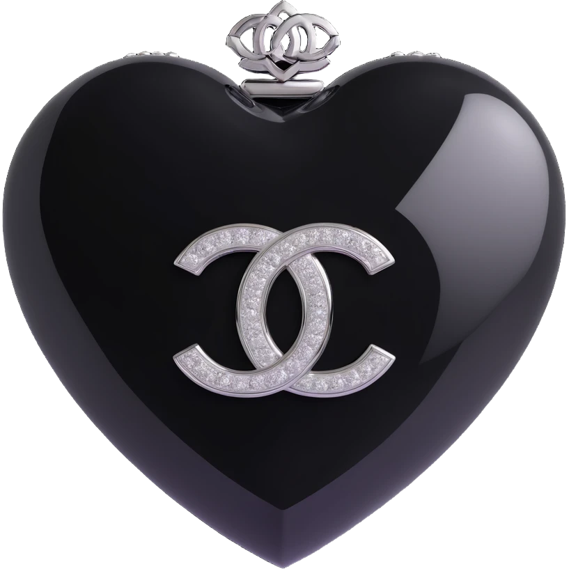 Remove the pearls, keep only the glossy black heart with a diamond accent and silver Chanel logo, elegant, black and white color scheme, keep the background transparent. emoji