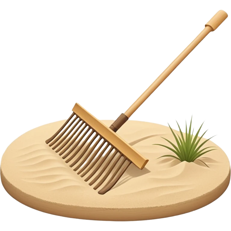 Minimalist emoji of a traditional Japanese zen garden rake (kumade) thin and balanced lines, natural light wood texture, soft sand-beige and warm neutral tones, flat vector style with subtle depth, centered composition, transparent background emoji
