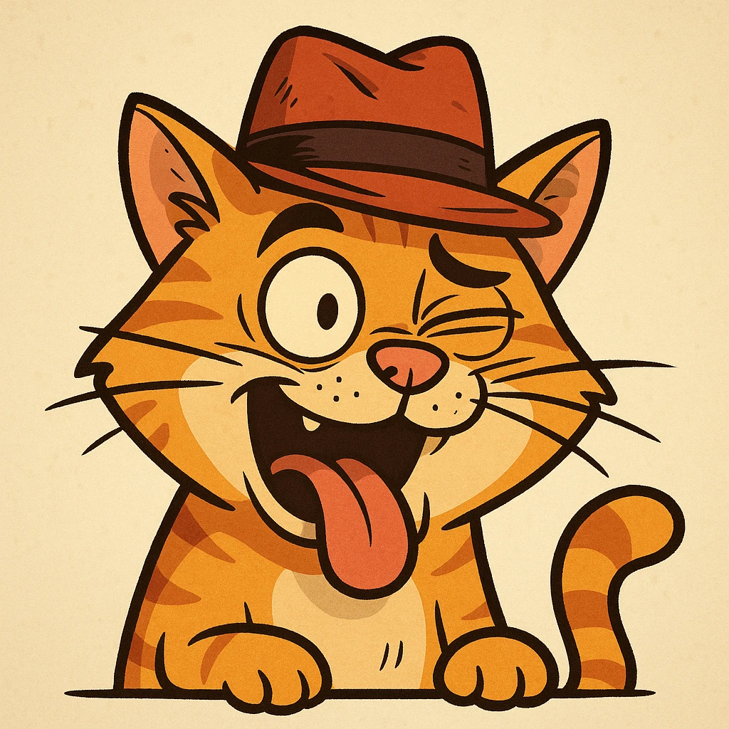 A cat wearing a hat with a very funny face emoji