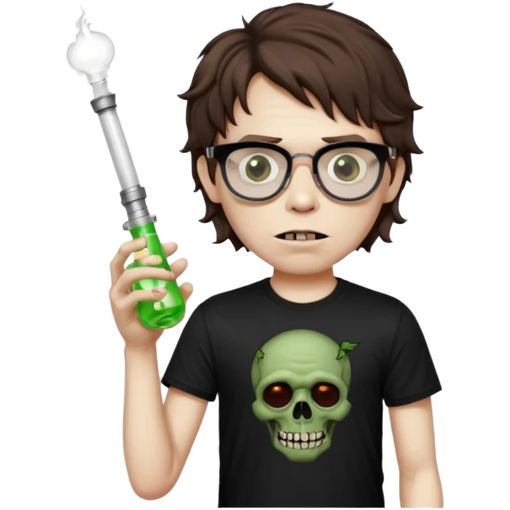 short wavy brown haired zombie getting stoned with weed t shirt and bong on his hand and wearing black chrome hearts bifocals emoji