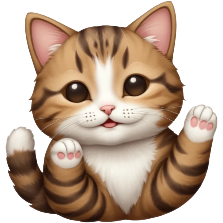 dark brown tabby and white small cat in funny positions upside down with eyes closed emoji