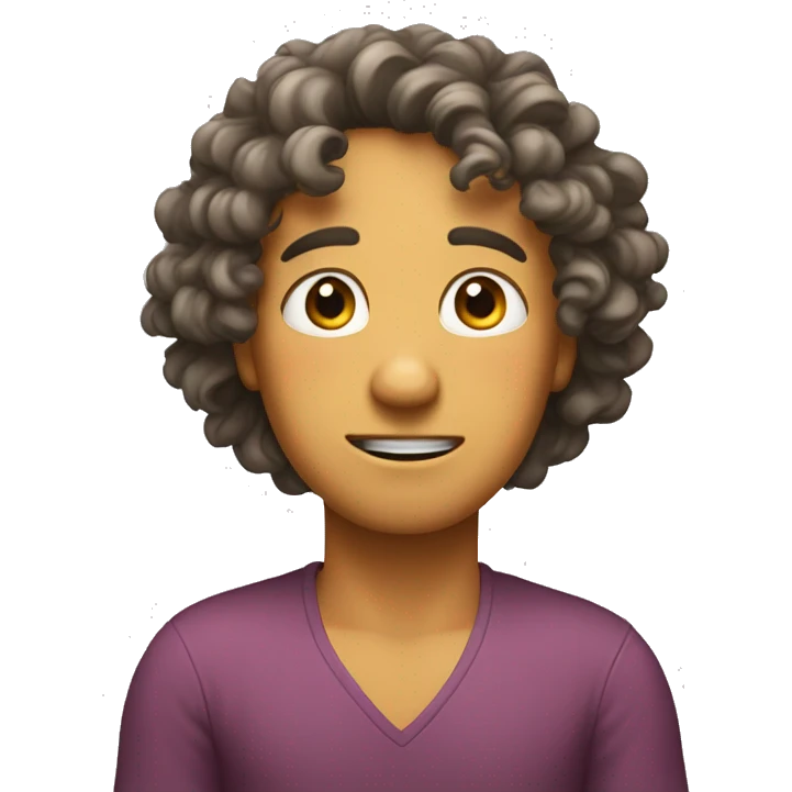shoulder shrug, careless look, little smile, no teeth, curly hair emoji