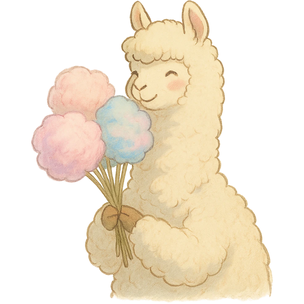 alpaca holding cotton candy bouquet in soft Ghibli style emoji