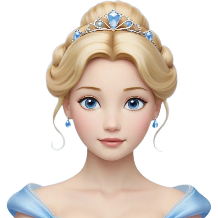 Cinematic Realistic Cinderella Portrait, depicted with lifelike skin texture, subtle rosy undertones, and soft natural lighting that enhances the gentle contours of her face. Her intricately detailed golden blonde hair is elegantly styled in an updo, with delicate wisps framing her face for added realism. Her deep, expressive blue eyes radiate warmth and sincerity, reflecting a quiet resilience and grace. She is dressed in her iconic ball gown, the fabric shimmering with intricate embroidery and fine translucent layers that catch the light beautifully. The soft sheen of satin gloves and the delicate sparkle of a glass-like slipper peeking from beneath her dress add a touch of magical realism. The portrait features an enchanting glow with a natural, luminous finish, seamlessly blending realism and fairytale charm to evoke a sense of depth, elegance, and timeless beauty. emoji