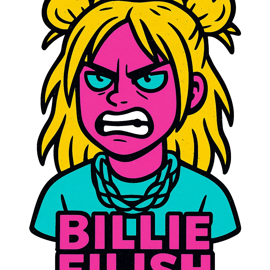 Billie Eilish with an angry expression, exaggerated features, pop art style emoji