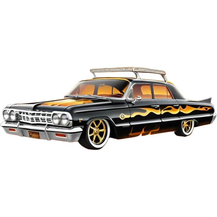 Satan’s streamlined Hot rod custom 1964 impala low rider four door Anubis themed painted hood flaming side-mounted under-door chrome exhaust pipes driving straight to hell  emoji