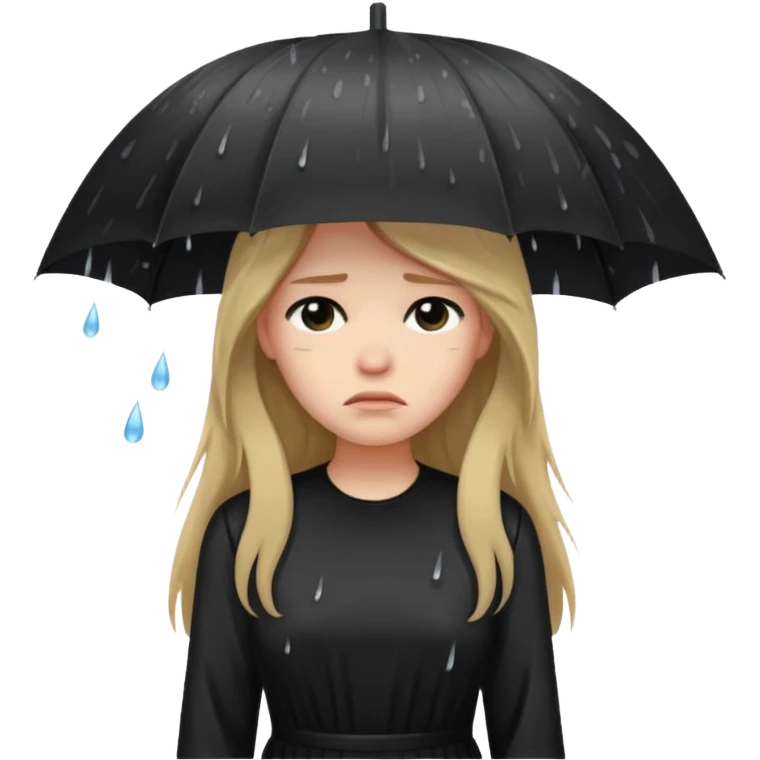 غمگین🧍‍♀️🌧موهای بلندلباس مشکی بدون چتر ،صورت افسرده  بارون emoji
